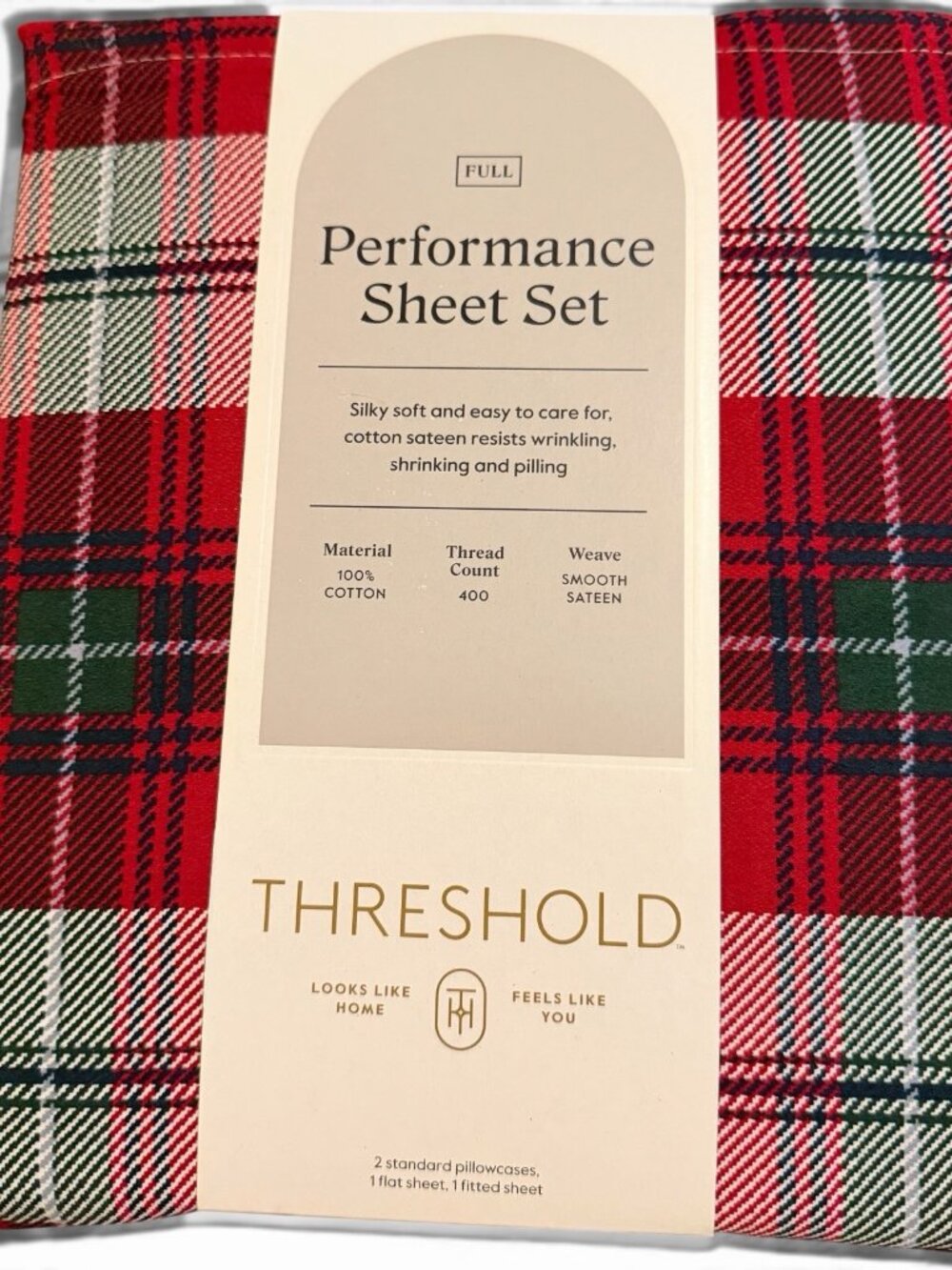 Threshold Target Holiday Full Red Plaid Sheet Set, 400 Thread Count, 100% Cotton